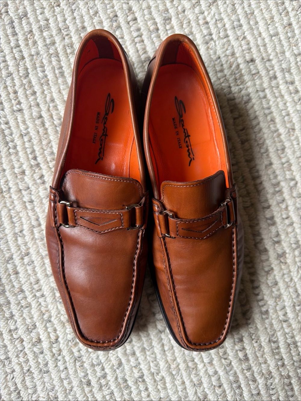 Santoni Men’s Loafers Horsebit Leather Made in Italy Brown Cognac 10D w/ Box
